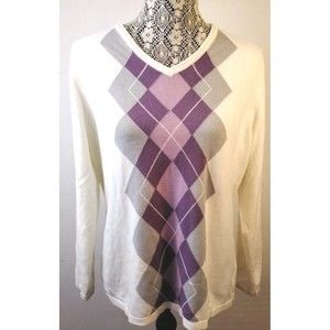 Croft & Barrow Women Cream/Purples  Argyle V-Neck Sweater  Size L